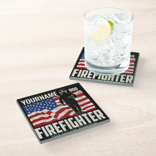 Personalisierter Firefighter Rescue USA Flag Patri Glasuntersetzer (Schrägansicht)