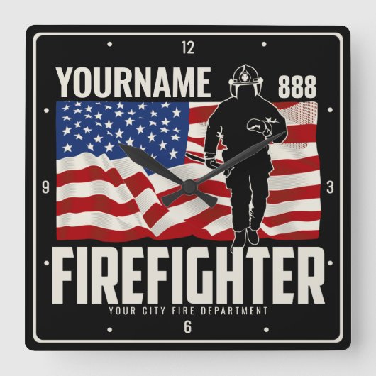 Personalisierter Firefighter Rescue USA Flag Patri Quadratische Wanduhr (Vorderseite)