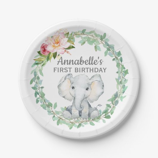 Personalisierter First Birthday Elephant Pappteller (Vorderseite)