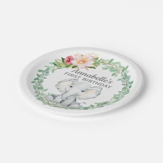 Personalisierter First Birthday Elephant Pappteller (Schrägansicht)