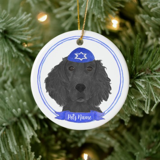 Personalisierter flacher Retriever Dog Hanukkah Keramik Ornament (Baum)