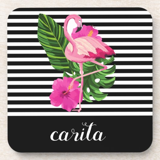 Personalisierter Flamingo-Streifen harter Unterset Getränkeuntersetzer (Vorderseite)