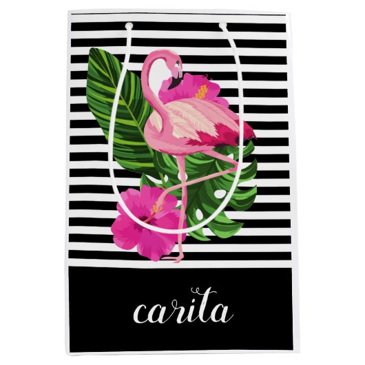 Personalisierter Flamingo-Streifen Mittlere Geschenktüte (Vorderseite)