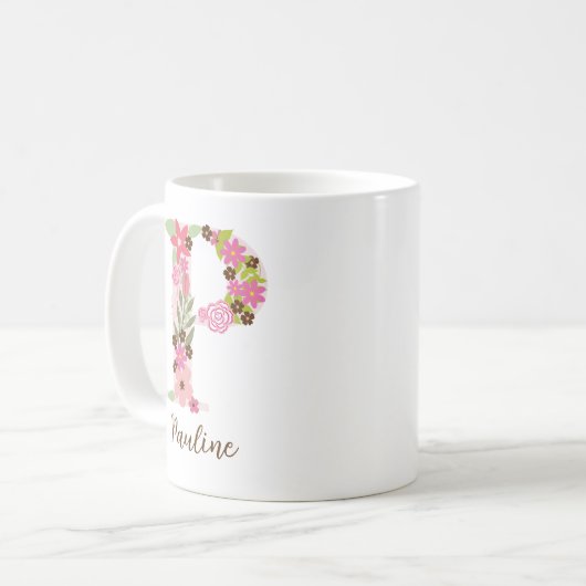 Personalisierter Floral Letter P Kaffeetasse (Vorderseite Links)