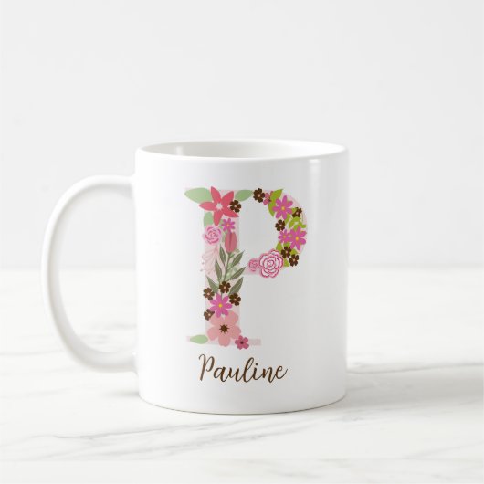 Personalisierter Floral Letter P Kaffeetasse (Links)