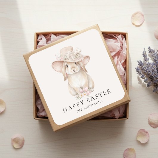 Personalisierter floraler Osterhase | Vintage Quadratischer Aufkleber