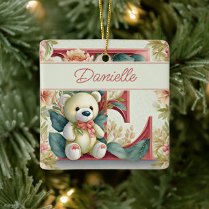 Personalisierter floraler Teddybär Buchstabe E Keramikornament