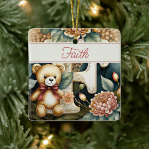 Personalisierter floraler Teddybär Buchstabe F Keramikornament
