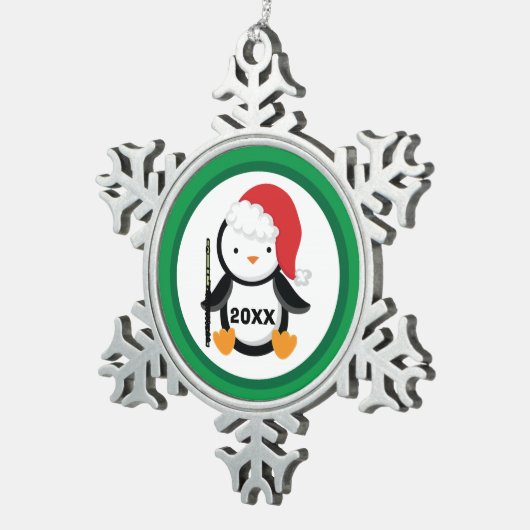 Personalisierter Flöten-WeihnachtsPenguin Schneeflocken Zinn-Ornament (Rechts)