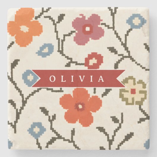 Personalisierter Folk Scandi Boho Vintage Floral Steinuntersetzer (Vorderseite)