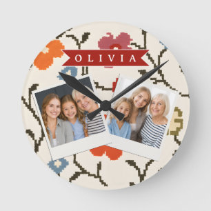 Personalisierter Folk Skandi Boho Vintage Floral Runde Wanduhr
