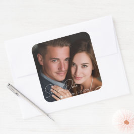 Personalisierter Foto- & Text-Hochzeitsaufkleber Quadratischer Aufkleber