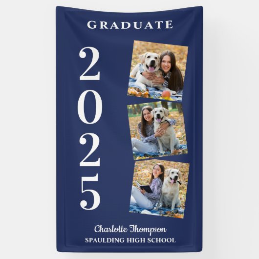 Personalisierter FotoCollage Navy Blue Abschluss Banner (Vertikal)