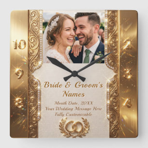 Personalisierter Fototext Luxus-Hochzeitsgeschenk Quadratische Wanduhr