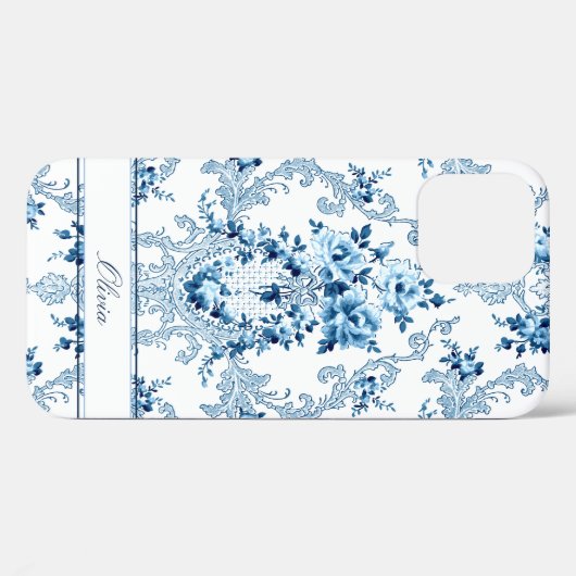 Personalisierter französischer Rokoko Blau und Wei Case-Mate iPhone Hülle (Rückseite (Horizontal))