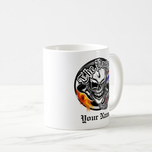 Personalisierter Friseur-Schädel mit der lodernden Kaffeetasse (VorderseiteRechts)