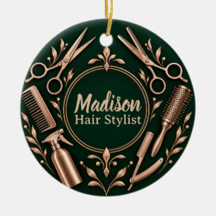Personalisierter Friseur-Stylist Smaragd-Roségold Keramik Ornament