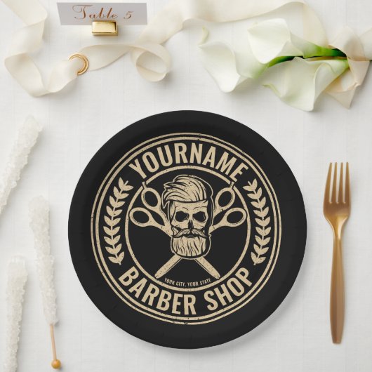 Personalisierter Friseursalon Skull Rockabilon Pappteller (Hochzeit)
