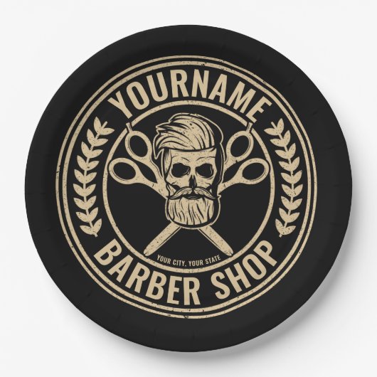 Personalisierter Friseursalon Skull Rockabilon Pappteller (Vorderseite)
