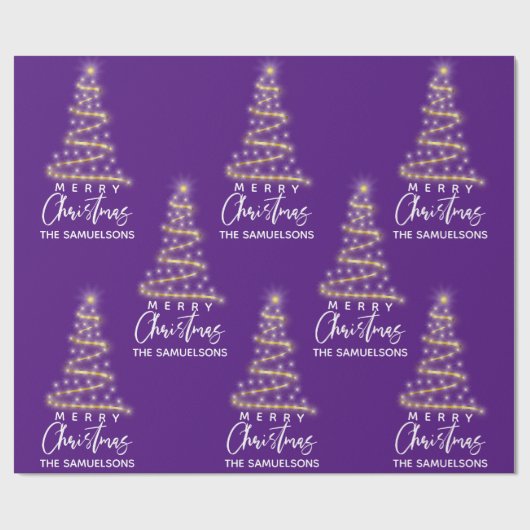 Personalisierter froher Weihnachts-Goldbaum Lila Geschenkpapier (Flach)