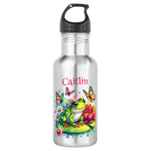 Personalisierter Frosch, Blume und Schmetterlinge Edelstahlflasche