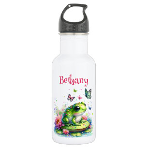 Personalisierter Frosch, Blume und Schmetterlinge Edelstahlflasche