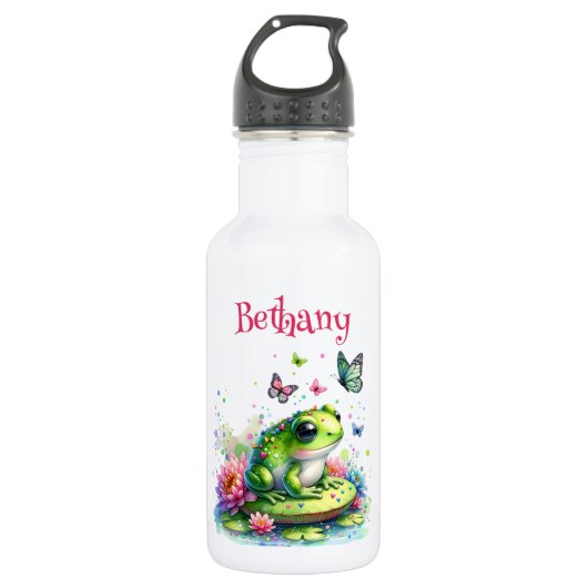 Personalisierter Frosch, Blume und Schmetterlinge Edelstahlflasche (Vorderseite)