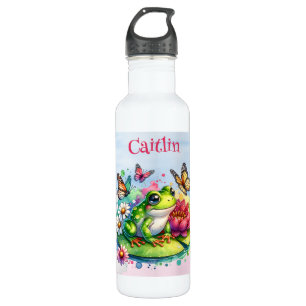 Personalisierter Frosch, Blume und Schmetterlinge Edelstahlflasche