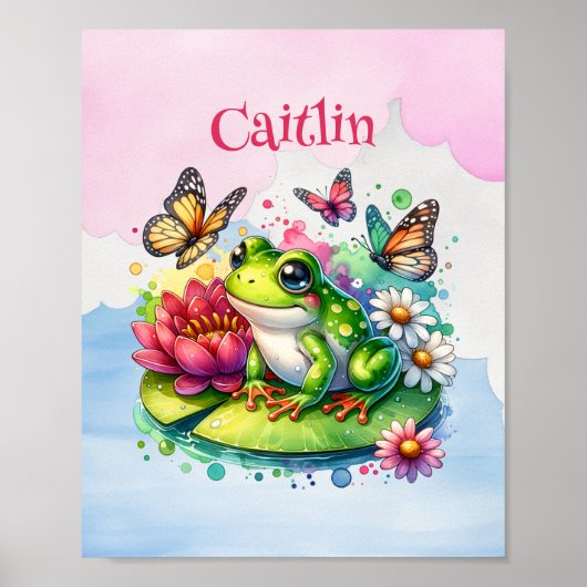 Personalisierter Frosch, Blume und Schmetterlinge Poster (Vorne)