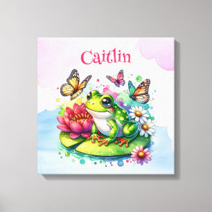 Personalisierter Frosch, Blumen und Schmetterlinge Leinwanddruck