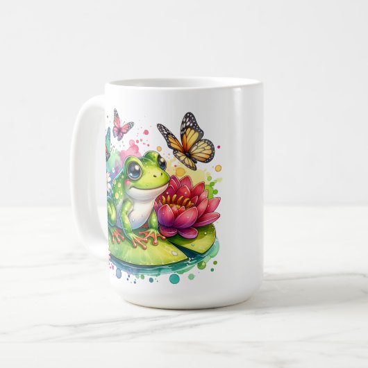 Personalisierter Frosch mit Blume auf Lilypad Kaffeetasse (Vorderseite Links)