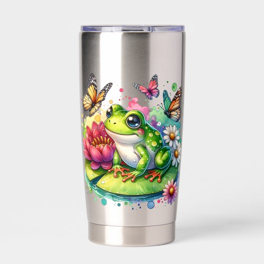 Personalisierter Frosch mit Blume auf Lilypad Thermobecher (Vorderseite)