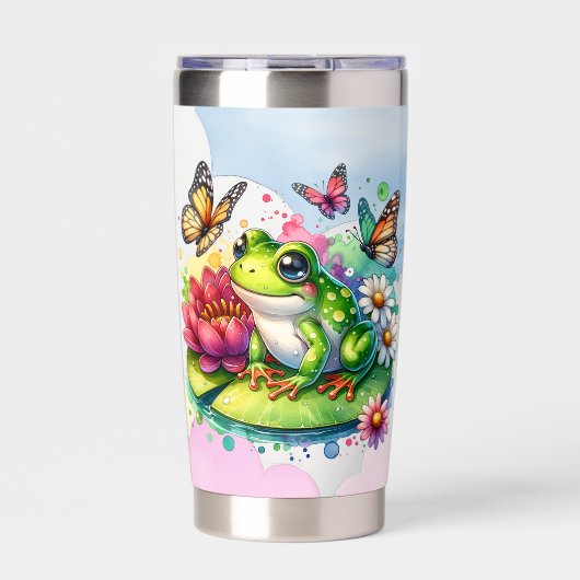 Personalisierter Frosch mit Blume auf Lilypad Thermobecher (Vorderseite)