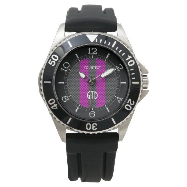 Personalisierter Fuchsia-Rennstreifen im Carbon-St Armbanduhr (Vorderseite)