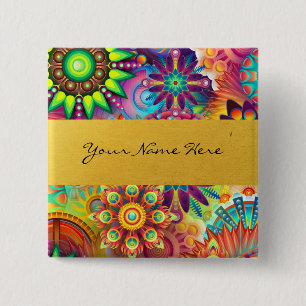Personalisierter Funky Boho Blumenflammen-Mandalas Button