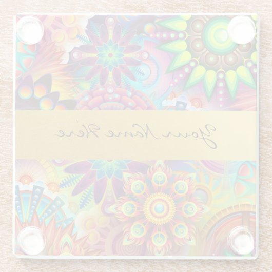 Personalisierter Funky Boho Blumenflammen-Mandalas Glasuntersetzer (Rückseite)