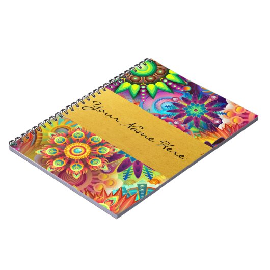 Personalisierter Funky Boho Blumenflammen-Mandalas Notizblock (Linke Seite)