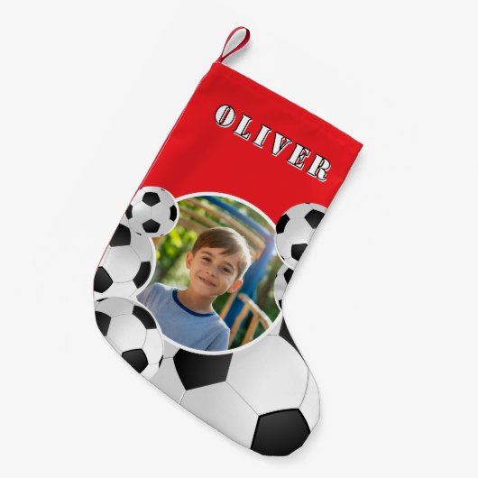 Personalisierter Fußball Fußballjunge Foto Kleiner Weihnachtsstrumpf (Vorderansicht (hängend))