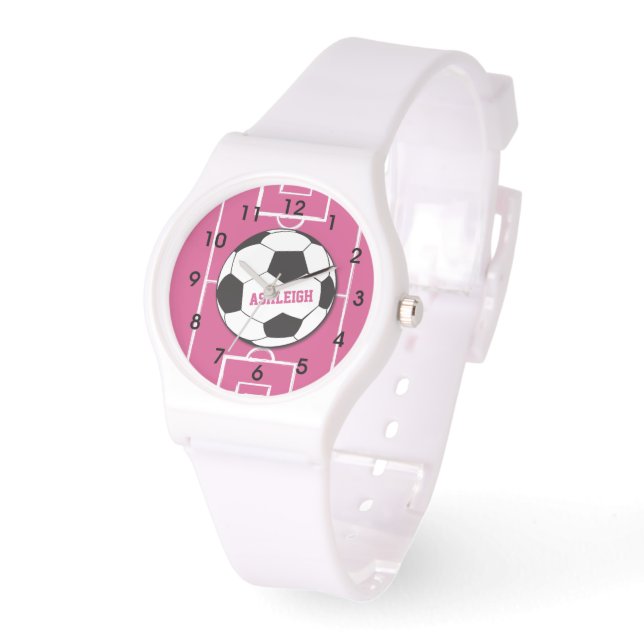 Personalisierter Fußball und Felsrosa Armbanduhr (Winkel)