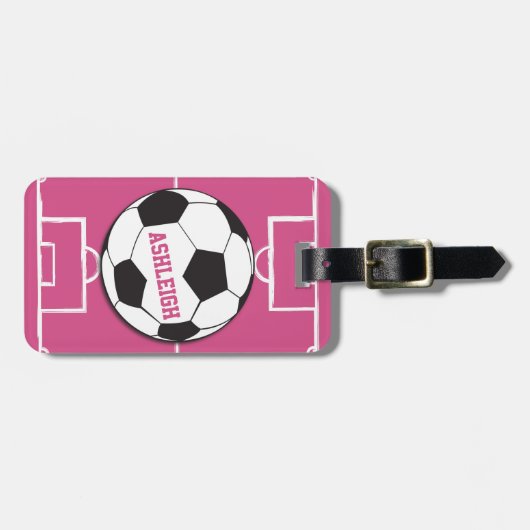 Personalisierter Fußball und Felsrosa Gepäckanhänger (Vorderseite horizontal)