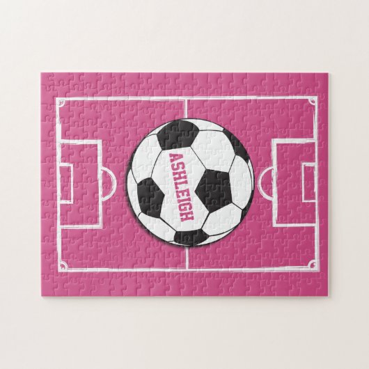 Personalisierter Fußball und Felsrosa Puzzle (Horizontal)