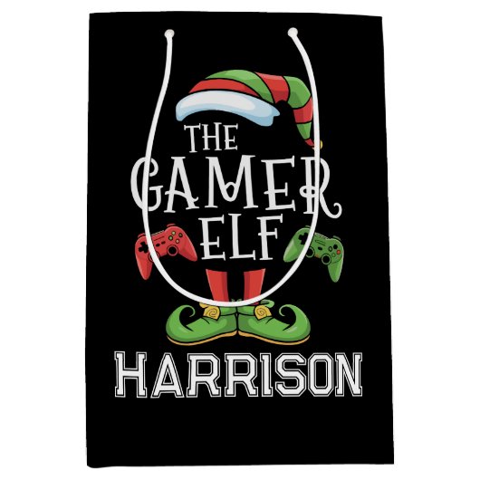 Personalisierter Gamer-Elf-Weihnachts-Video-Gaming Mittlere Geschenktüte (Vorderseite)