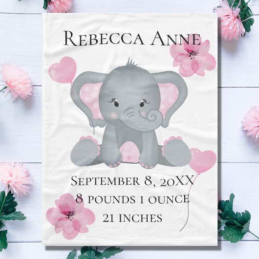 Personalisierter Geburtsstat Baby Elephant Pink Gr Fleecedecke