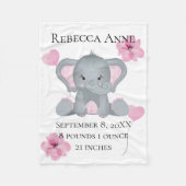 Personalisierter Geburtsstat Baby Elephant Pink Gr Fleecedecke (Vorderseite)