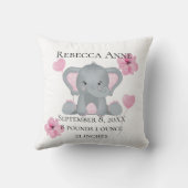 Personalisierter Geburtsstat Baby Elephant Pink Gr Kissen (Rückseite)
