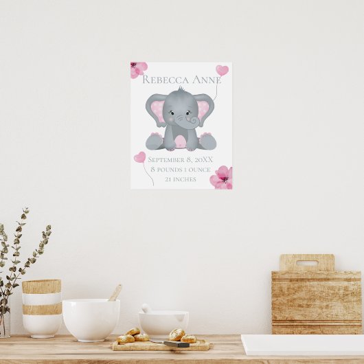 Personalisierter Geburtsstat Baby Elephant Pink Gr Poster (Küche)