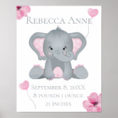 Personalisierter Geburtsstat Baby Elephant Pink Gr Poster (Vorne)