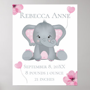 Personalisierter Geburtsstat Baby Elephant Pink Gr Poster