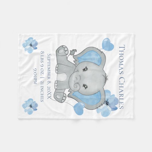 Personalisierter Geburtsstat Elephant Blue Gray Ba Fleecedecke (Vorderseite (Horizontal))