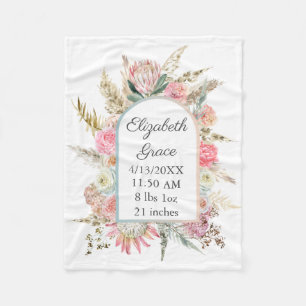 Personalisierter Geburtsstat Pink Floral Boho Baby Fleecedecke